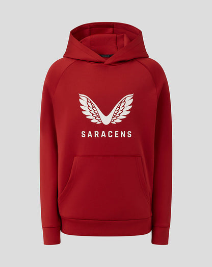 Red Saracens junior hoodie with large white wing logo and SARACENS text on the front
