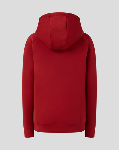 Back view of red Saracens junior scuba hoodie with hood and clean hem