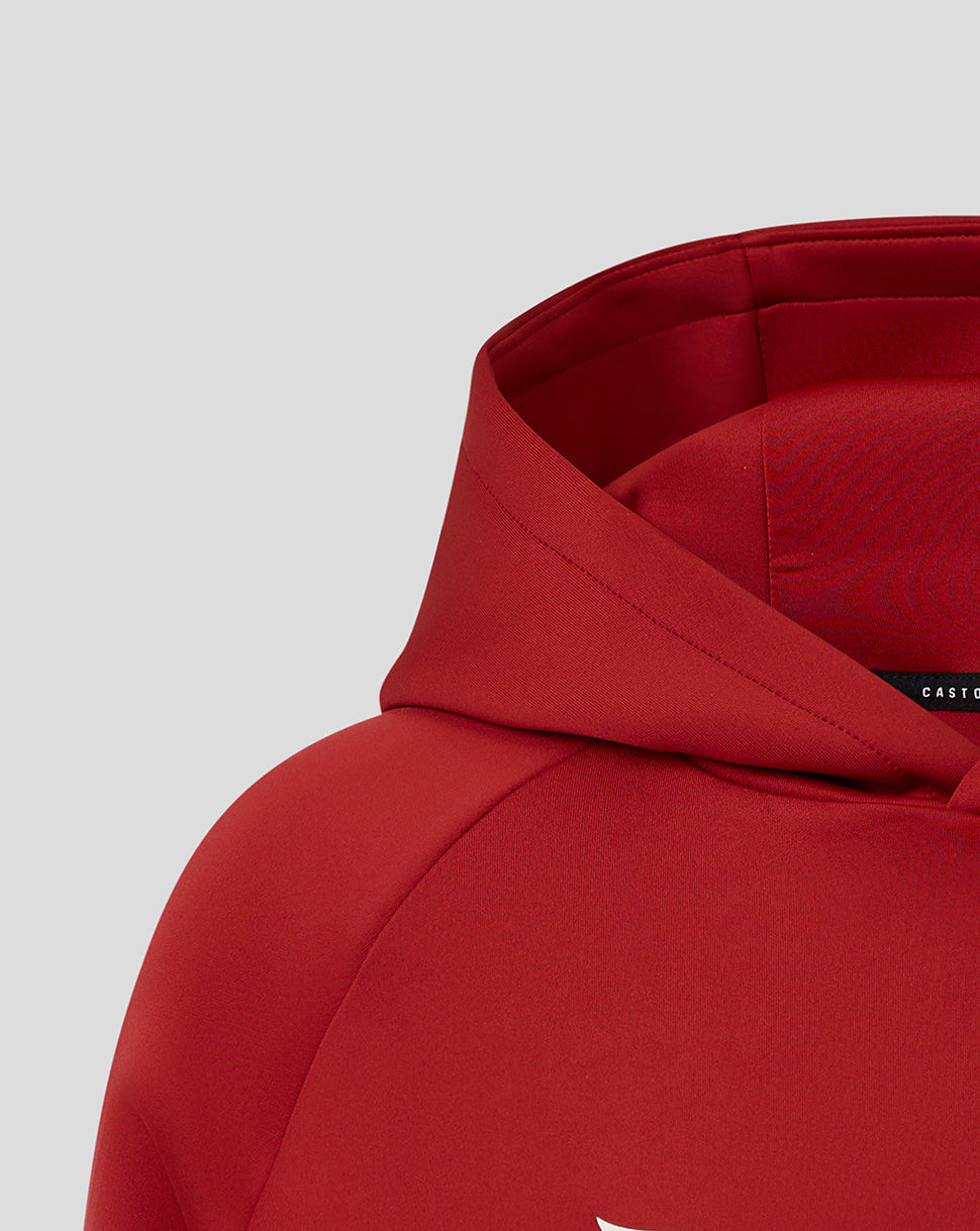 Close-up of the red hood and neckline detailing on the Saracens junior scuba hoodie