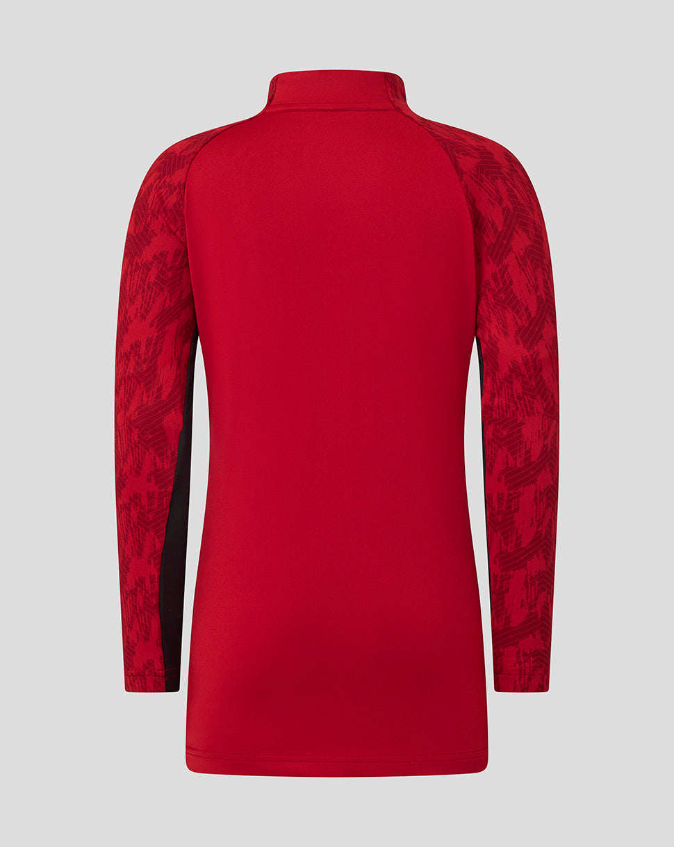 Back view of red Saracens junior training top with patterned sleeves.