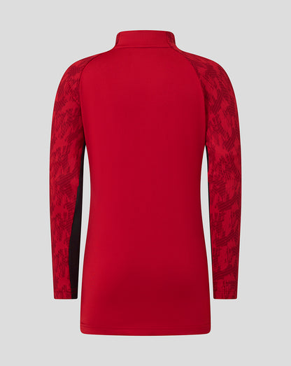 Back view of red Saracens junior training top with patterned sleeves.