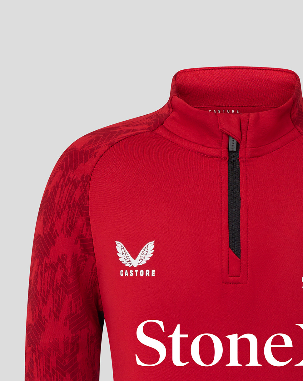Red Saracens training top with quarter zip and white Castore logo on chest.