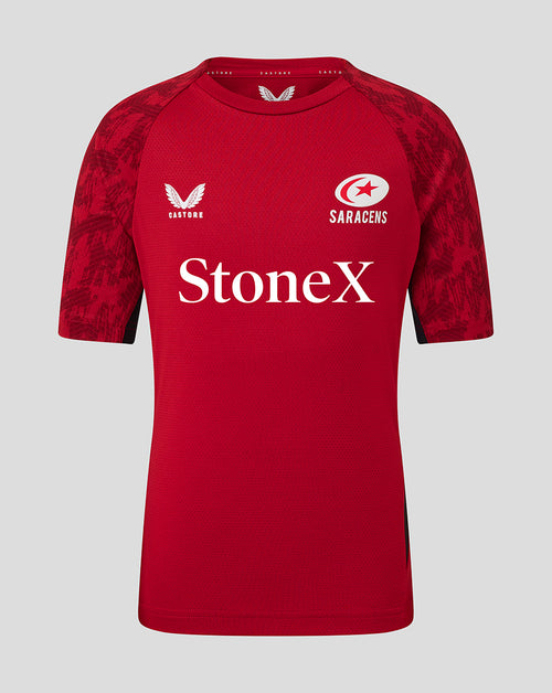 Front view of a red Saracens training jersey with StoneX sponsor and team logos.