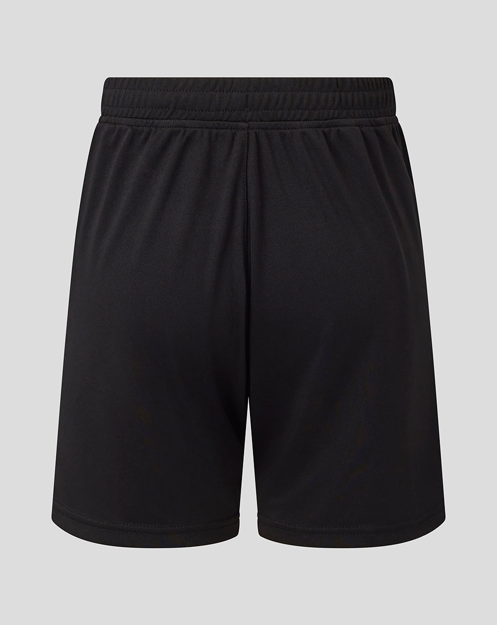 Back view of black Saracens Junior training shorts with an elasticated waistband