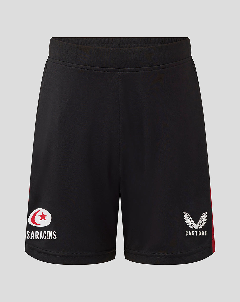 Front view of black Saracens Junior training shorts with Saracens logo on the left leg and Castore branding on the right leg