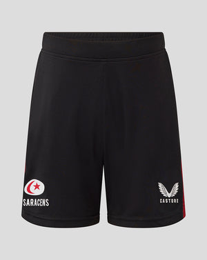 Front view of black Saracens Junior training shorts with Saracens logo on the left leg and Castore branding on the right leg