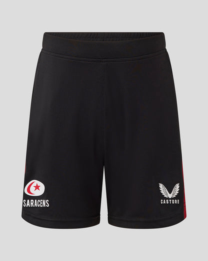 Front view of black Saracens Junior training shorts with Saracens logo on the left leg and Castore branding on the right leg