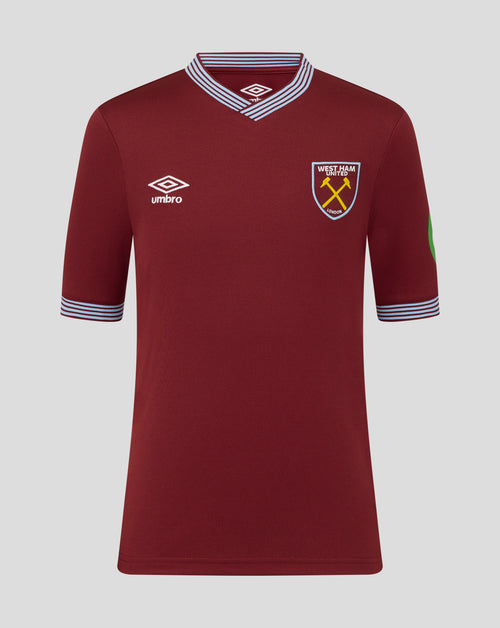 West Ham United junior home short sleeve shirt in maroon with a striped light blue collar and club crest on the chest