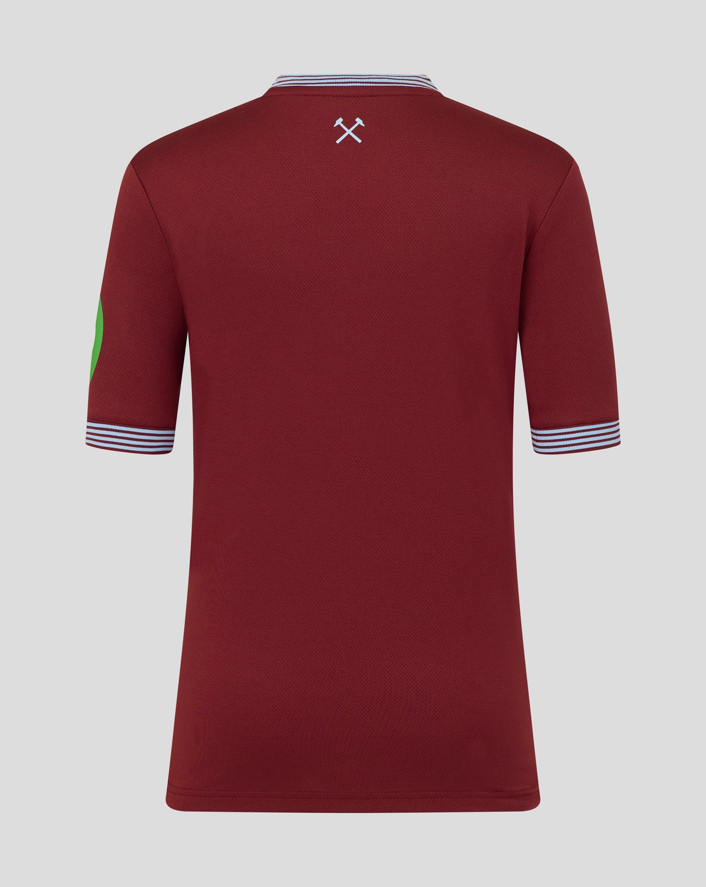 Back view of the West Ham Junior 25/26 home shirt in maroon with a small light blue crossed hammers emblem at the neck