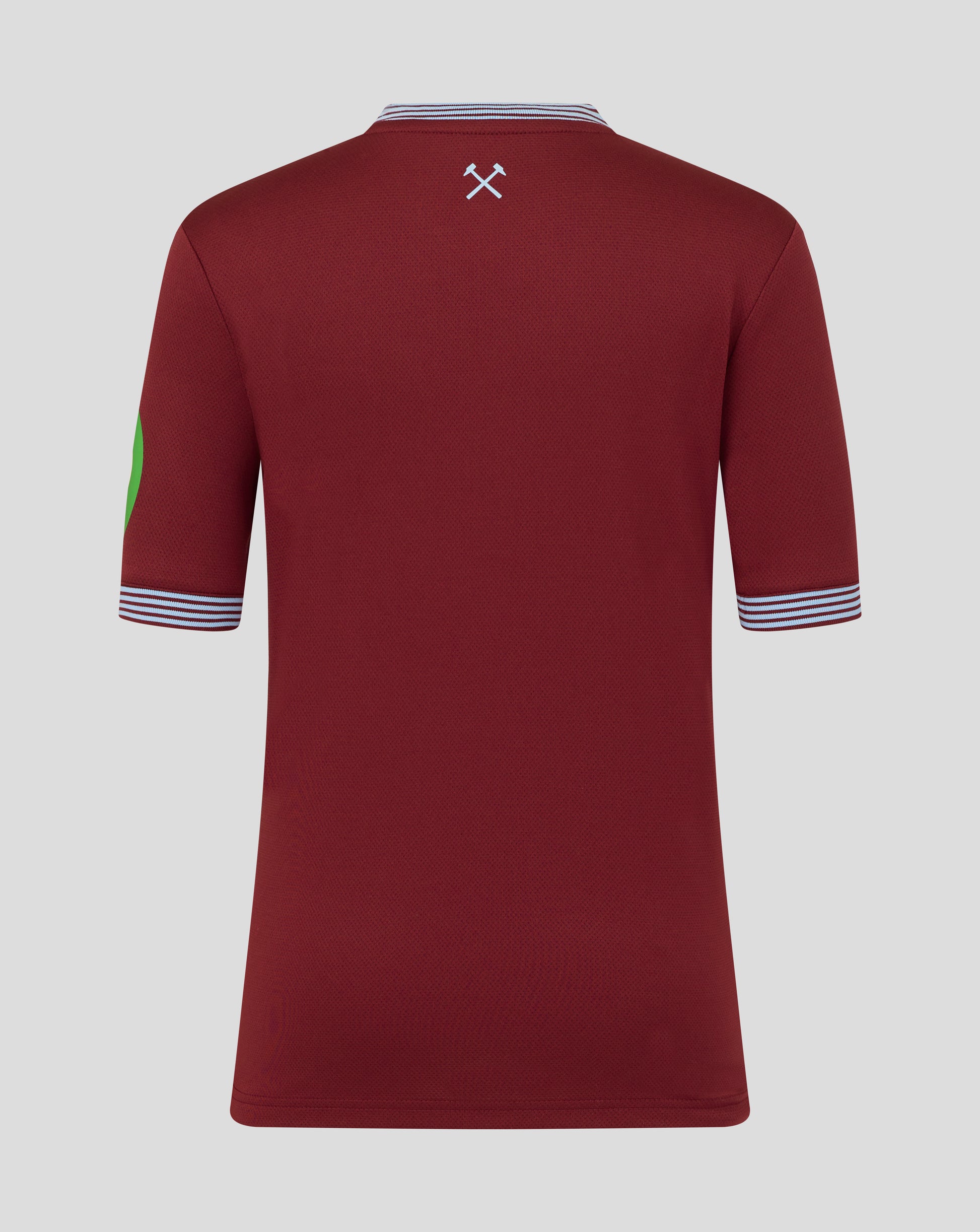Back view of the West Ham Junior 25/26 home shirt in maroon with a small light blue crossed hammers emblem at the neck