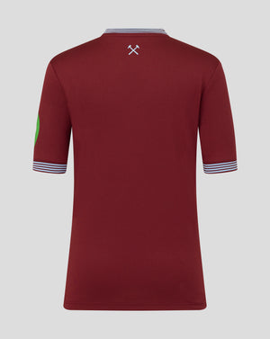 Back view of the West Ham Junior 25/26 home shirt in maroon with a small light blue crossed hammers emblem at the neck