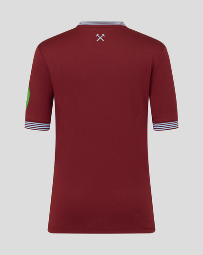 Back view of the West Ham Junior 25/26 home shirt in maroon with a small light blue crossed hammers emblem at the neck