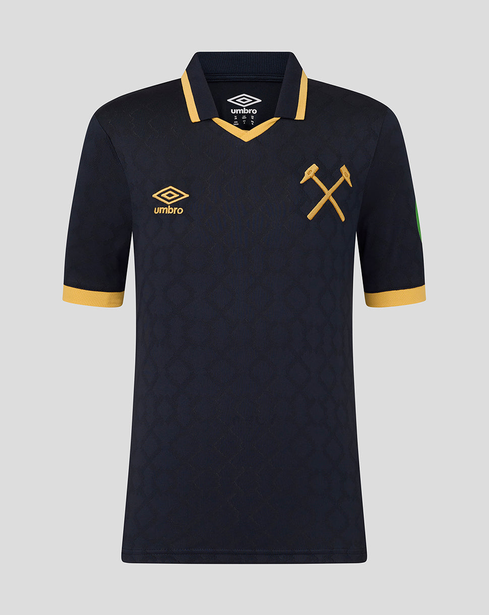 Navy blue West Ham junior 25/26 third kit short sleeve shirt with gold collar trim and crest