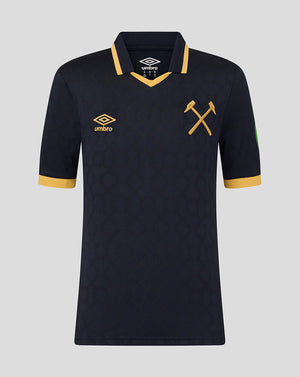 Navy blue West Ham junior 25/26 third kit short sleeve shirt with gold collar trim and crest