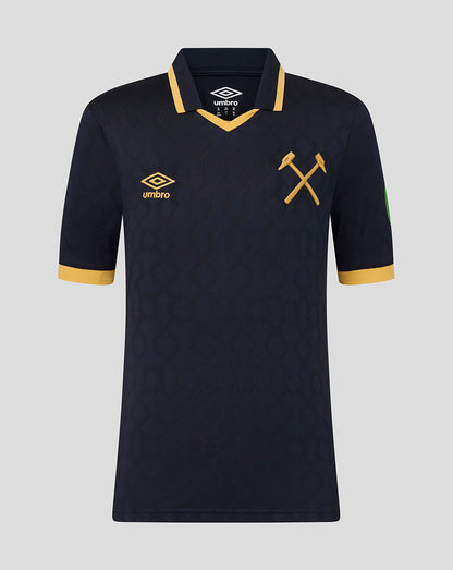 Navy blue West Ham junior 25/26 third kit short sleeve shirt with gold collar trim and crest