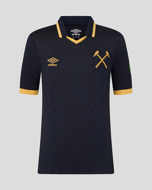 Navy blue West Ham junior 25/26 third kit short sleeve shirt with gold collar trim and crest