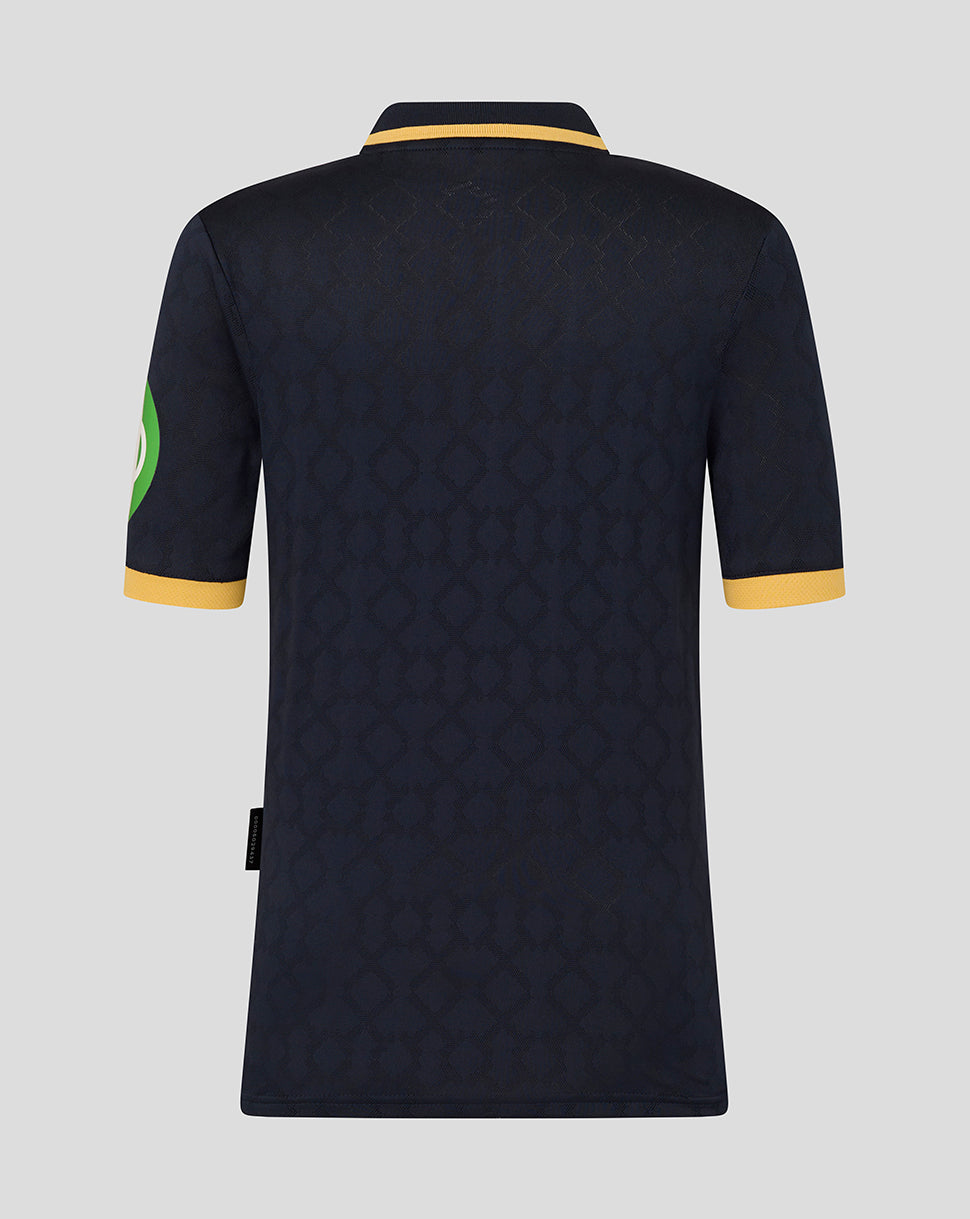 Back view of navy West Ham Junior 25/26 third kit short sleeve shirt with yellow collar trim and yellow sleeve cuffs and a subtle diamond pattern.