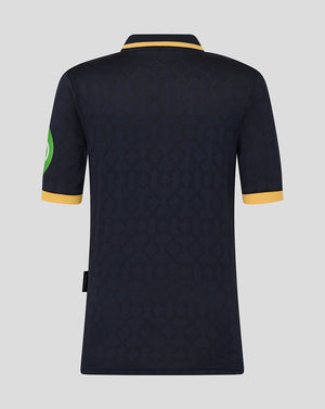 Back view of navy West Ham Junior 25/26 third kit short sleeve shirt with yellow collar trim and yellow sleeve cuffs and a subtle diamond pattern.
