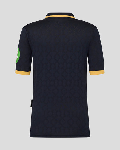 Back view of navy West Ham Junior 25/26 third kit short sleeve shirt with yellow collar trim and yellow sleeve cuffs and a subtle diamond pattern.