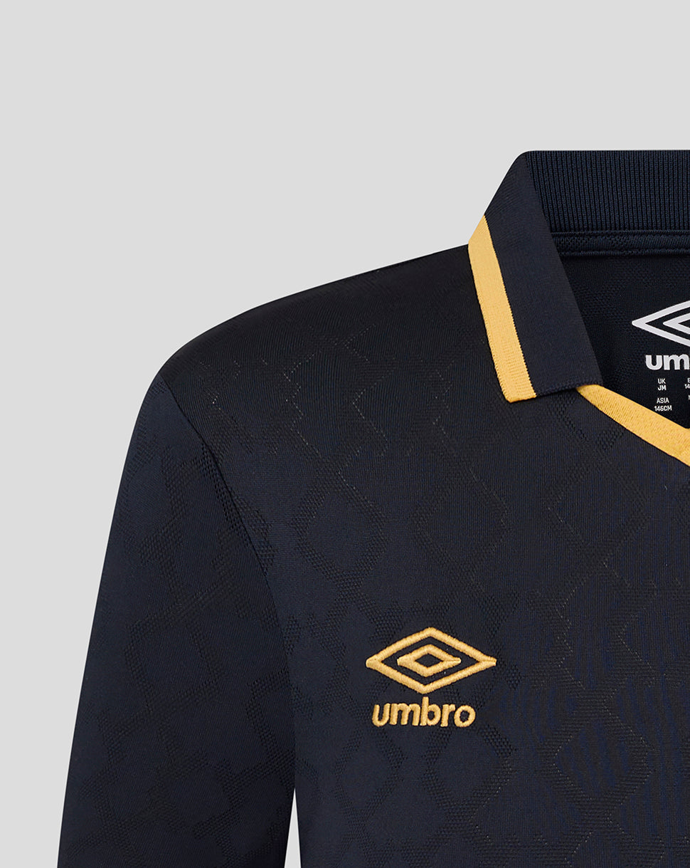Navy West Ham junior third kit short sleeve shirt with gold Umbro logo and yellow collar trim.