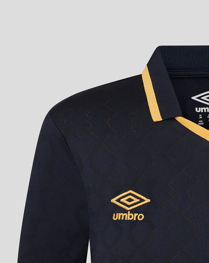 Navy West Ham junior third kit short sleeve shirt with gold Umbro logo and yellow collar trim.