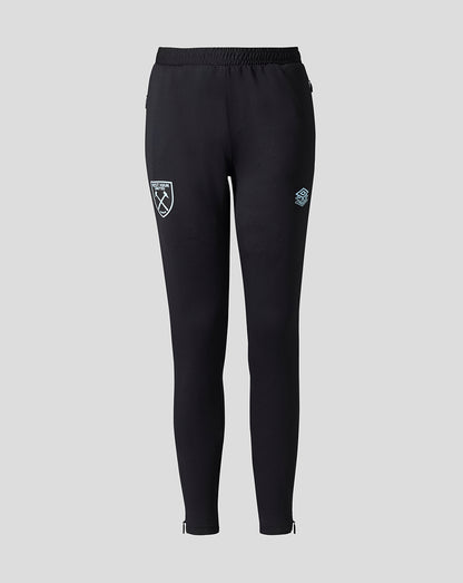 Black West Ham Junior Pro Training Knit Pants with crest on left thigh and Umbro logo on right, elastic waistband and zip hems.