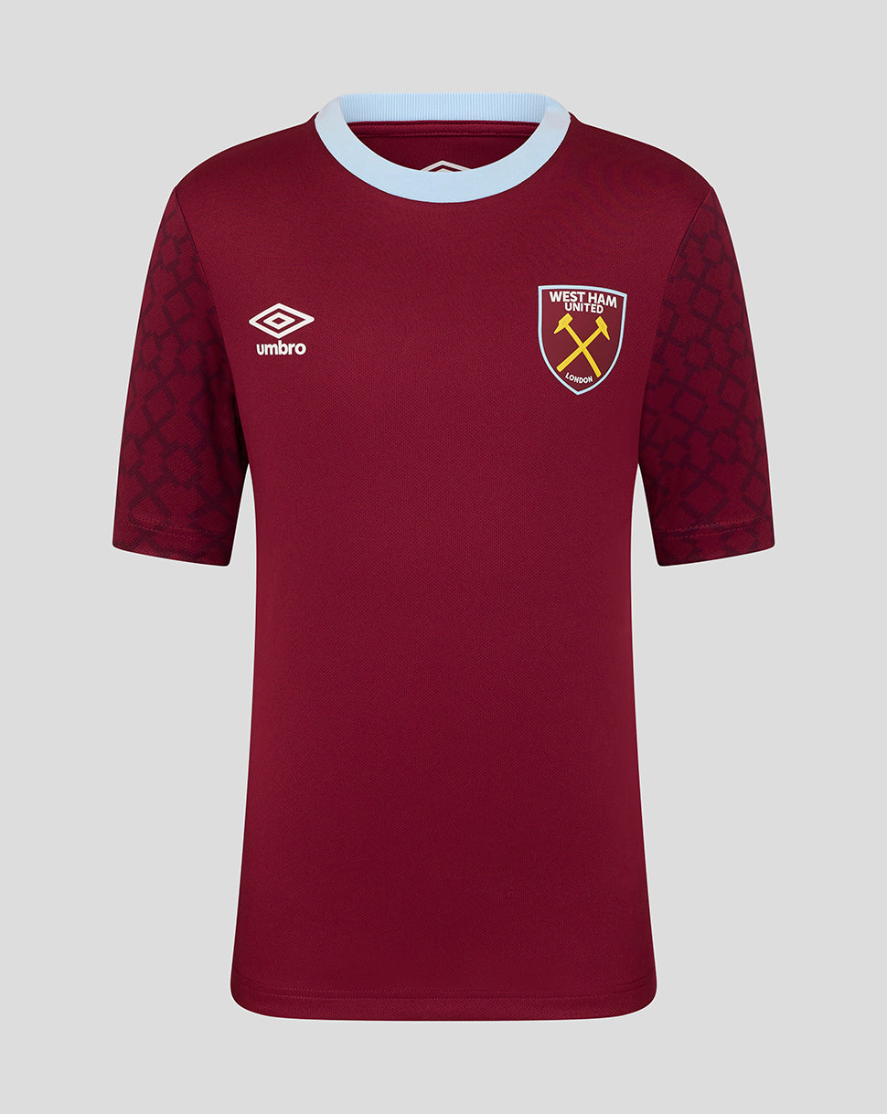 West Ham United junior home pre match short sleeve shirt maroon with light blue collar trim and crest