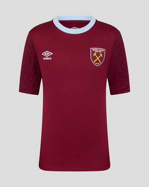 West Ham United junior home pre match short sleeve shirt maroon with light blue collar trim and crest