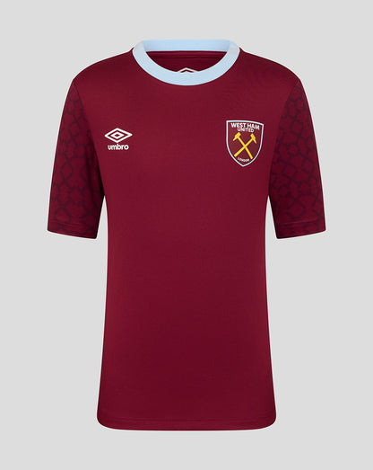 West Ham United junior home pre match short sleeve shirt maroon with light blue collar trim and crest