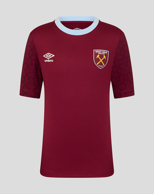 West Ham United junior home pre match short sleeve shirt maroon with light blue collar trim and crest