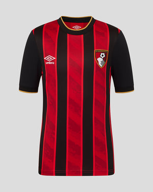 Front view of AFC Bournemouth Junior 25/26 Home Short Sleeve Shirt with red and black vertical stripes and yellow trim