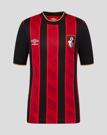 Front view of AFC Bournemouth Junior 25/26 Home Short Sleeve Shirt with red and black vertical stripes and yellow trim