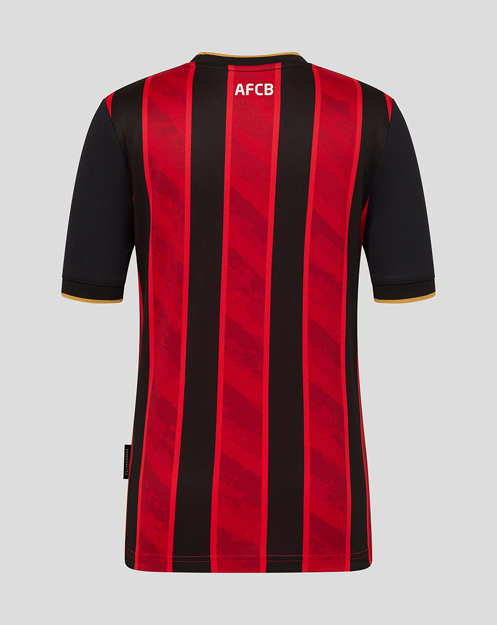 Back view of the AFC Bournemouth junior home shirt with red and black vertical stripes and AFCB at the neckline.