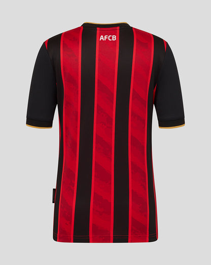 Back view of the AFC Bournemouth junior home shirt with red and black vertical stripes and AFCB at the neckline.