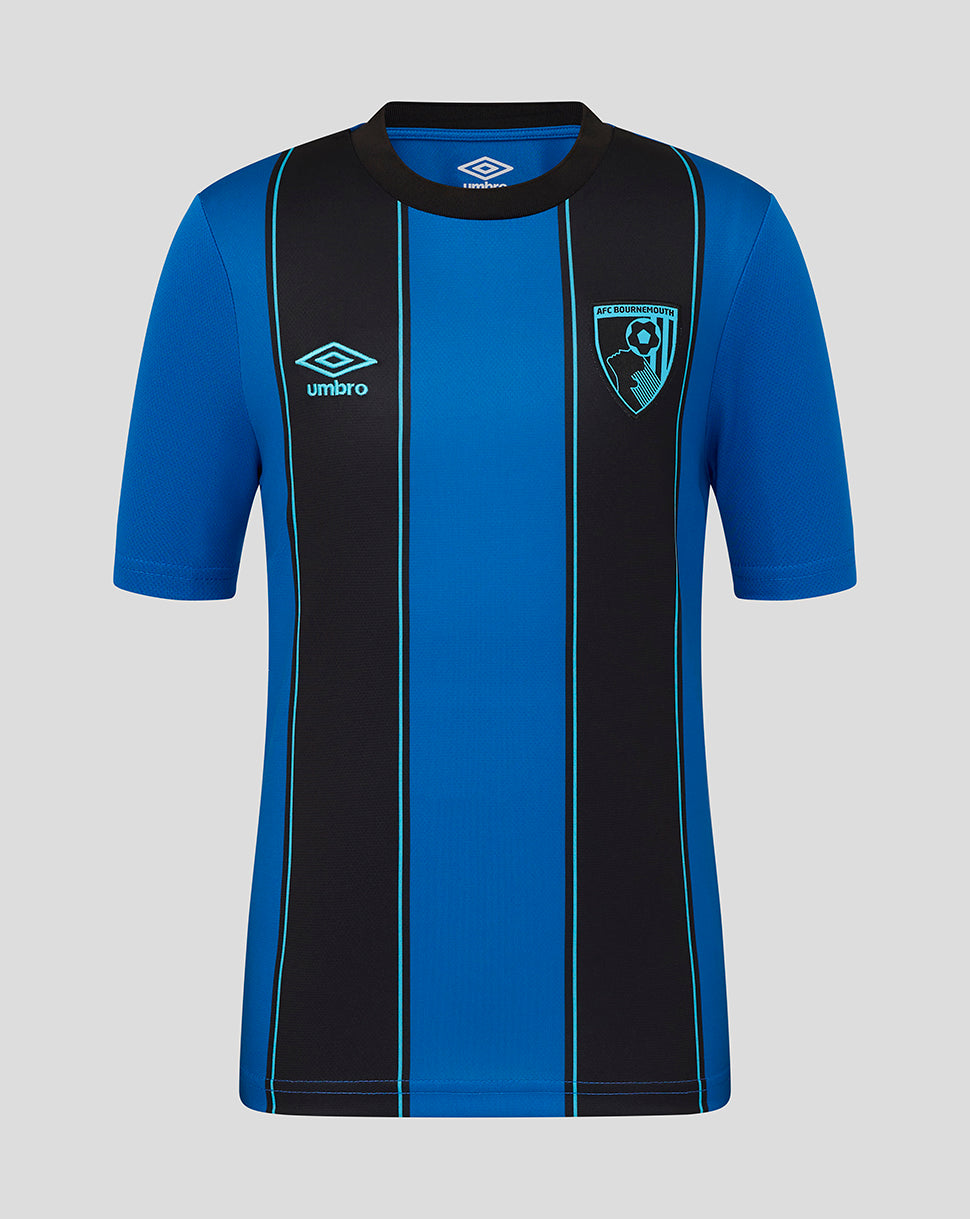 AFC Bournemouth junior away shirt 25/26 in blue with vertical black panels and turquoise piping.