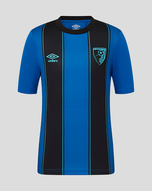 AFC Bournemouth junior away shirt 25/26 in blue with vertical black panels and turquoise piping.
