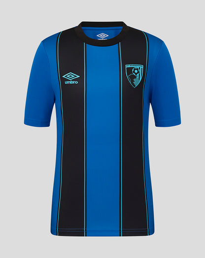 AFC Bournemouth junior away shirt 25/26 in blue with vertical black panels and turquoise piping.