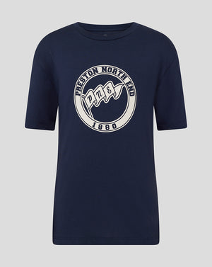 Navy Preston Junior tee with a large circular logo on the chest