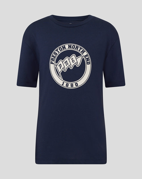 Navy Preston Junior tee with a large circular logo on the chest