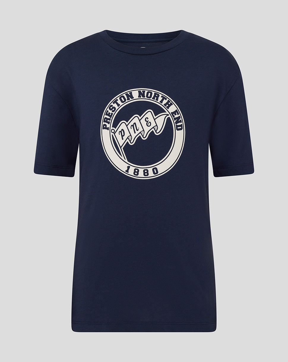 Navy Preston North End tee with a large circular crest on the chest