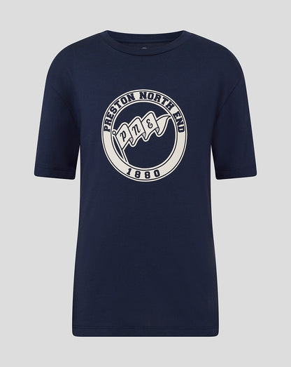 Navy Preston North End tee with a large circular crest on the chest
