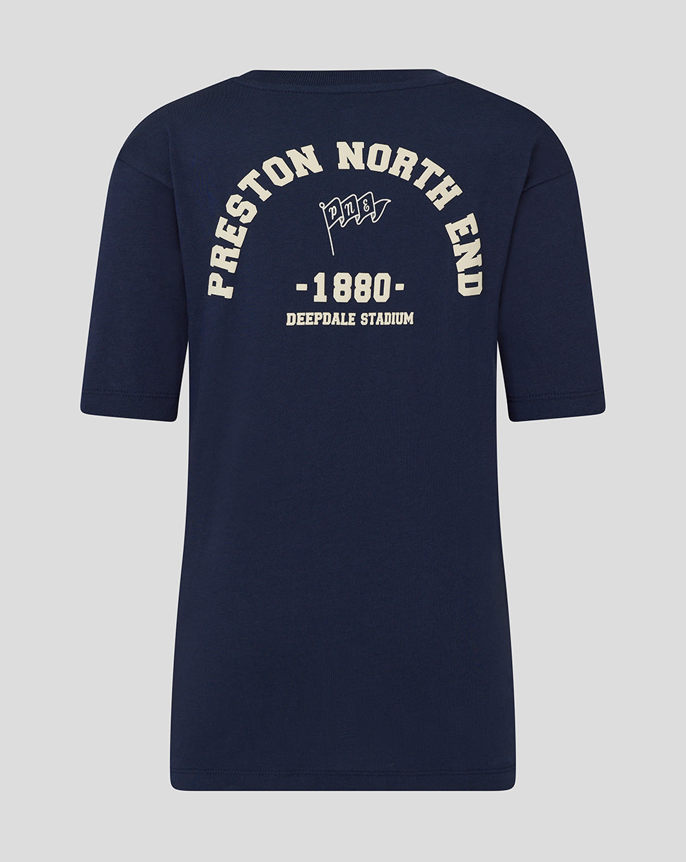 Back view of a navy Preston Junior tee showing a large crest and Deepdale Stadium text