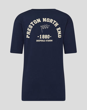 Back view of a navy Preston Junior tee showing a large crest and Deepdale Stadium text