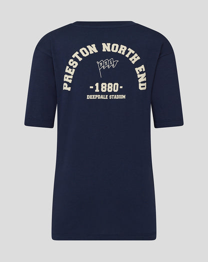 Back view of navy Preston North End tee with curved logo and 1880 Deepdale Stadium text