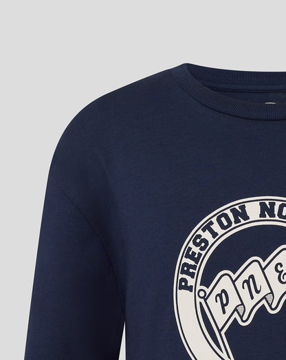 Navy Preston unisex tee shown in a close up with a large circular graphic on the front.