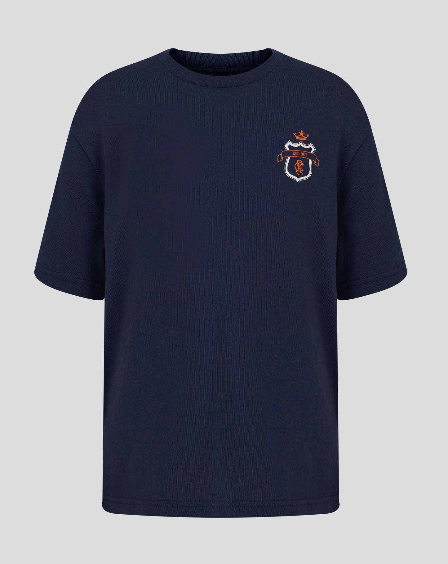 Navy oversized Rangers tee with the scroll crest on the left chest.