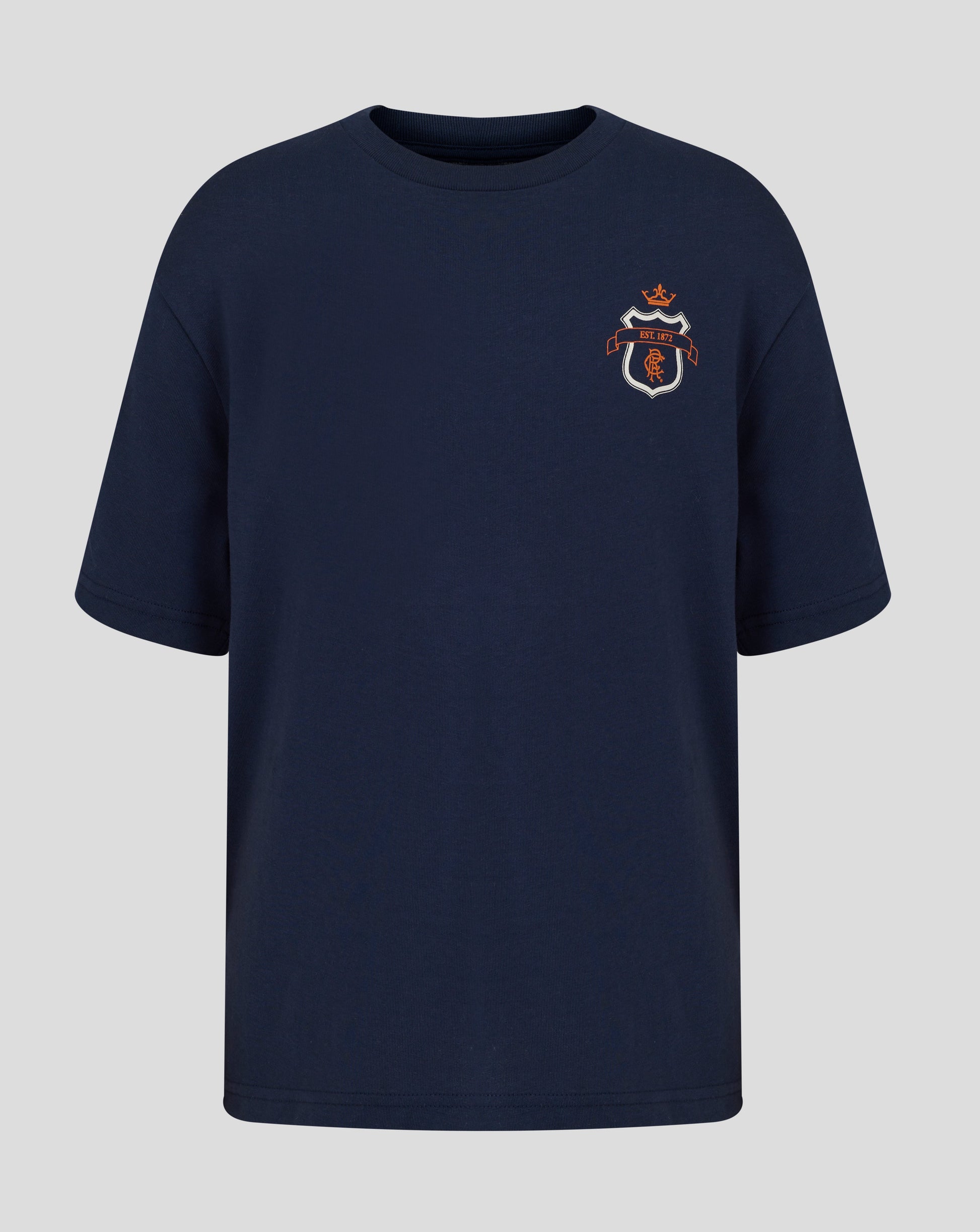 Navy oversized Rangers tee with the scroll crest on the left chest.