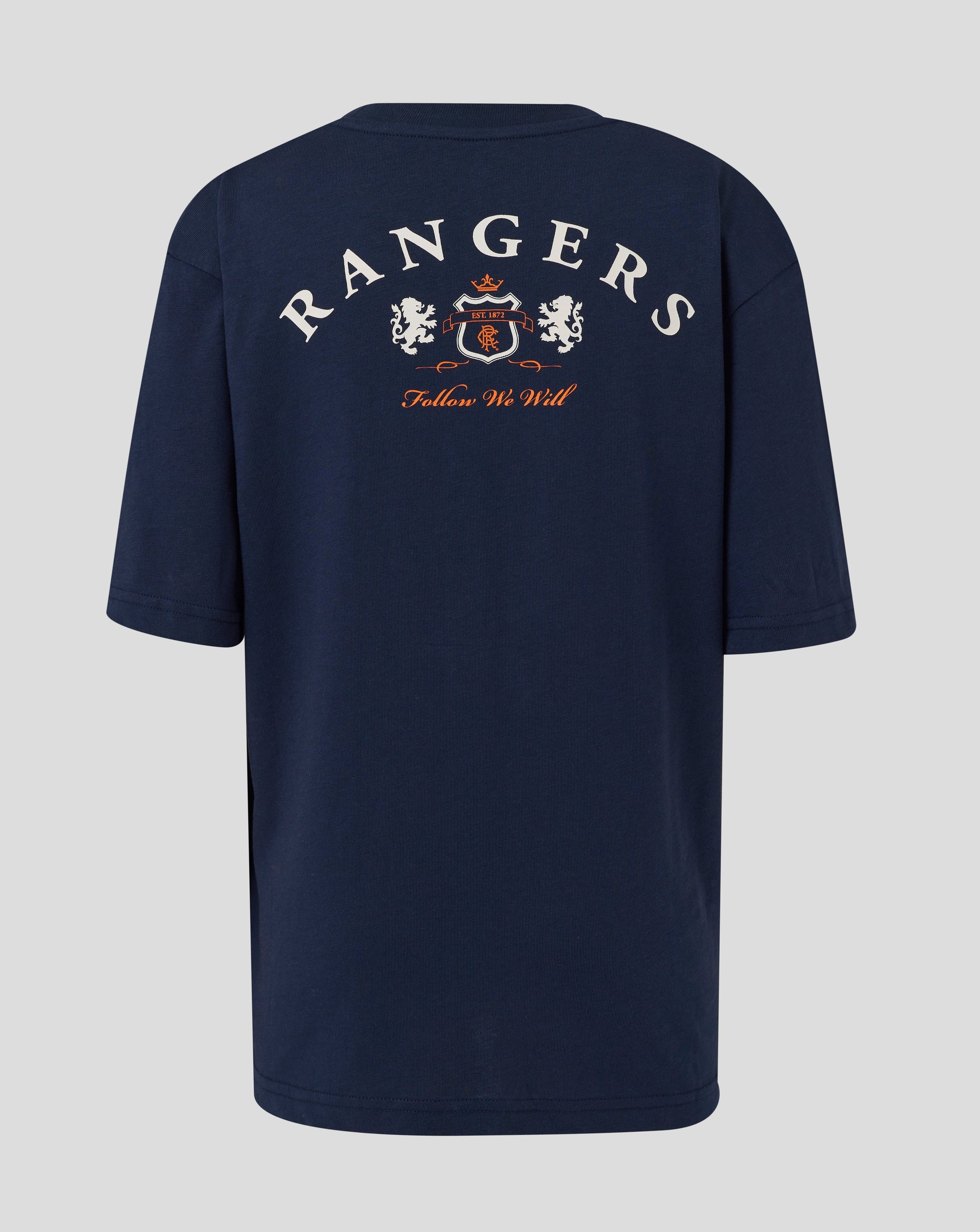 Back view of navy Rangers Junior 25/26 tee with large curved RANGERS lettering and crest