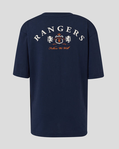 Back view of navy Rangers Junior 25/26 tee with large curved RANGERS lettering and crest