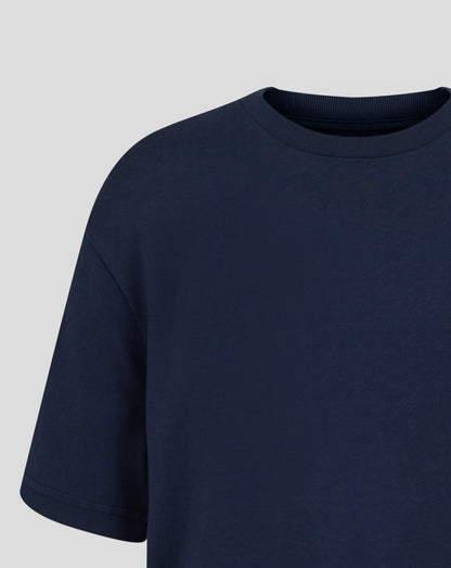 Close up of navy Rangers tee neckline with ribbed collar